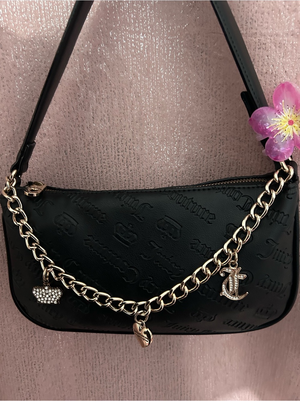 Juicy Couture Black Embossed Mini Shoulder Bag with Gold Charm Chain